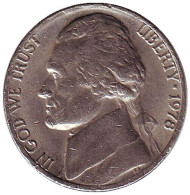 Монета 5 центов. 1978 год (P), США. Джефферсон. Монтичелло. Монета 5 центов. 1978 год (P), США. Джефферсон. Монтичелло.