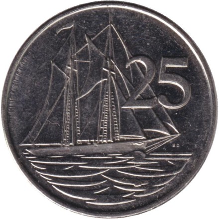 Монета 25 центов. 2013 год, Каймановы острова. Парусник.