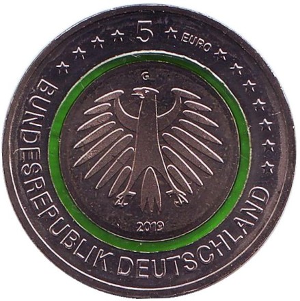 Монета 5 евро. 2019 год (G), Германия. Умеренная зона. Монета 5 евро. 2019 год (G), Германия. Умеренная зона.