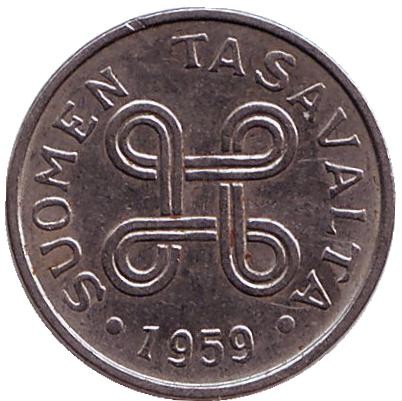 Монета 1 марка. 1959 год, Финляндия.