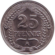 Монета 25 пфеннигов. 1909 год (A), Германская империя. Монета 25 пфеннигов. 1909 год (A), Германская империя.