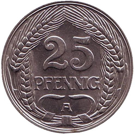 Монета 25 пфеннигов. 1909 год (A), Германская империя.