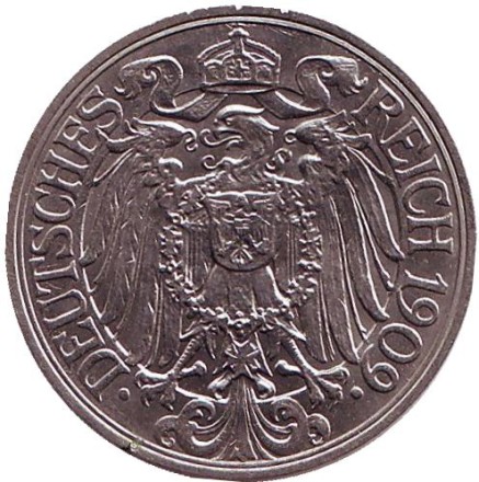 Монета 25 пфеннигов. 1909 год (A), Германская империя.