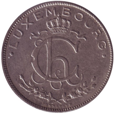 Монета 2 франка. 1924 год, Люксембург. Сталевар.