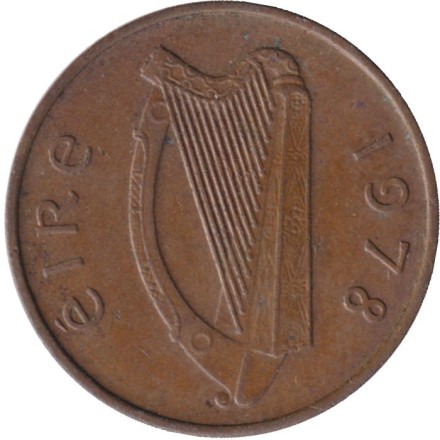 Монета 1 пенни. 1978 год, Ирландия. Птица. Ирландская арфа. Монета 1 пенни. 1978 год, Ирландия. Птица. Ирландская арфа.