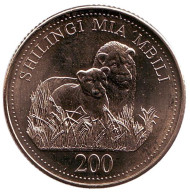 Монета 200 шиллингов. 2008 год, Танзания. Львы. Монета 200 шиллингов. 2008 год, Танзания. Львы.