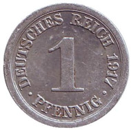 Монета 1 пфенниг. 1917 год (E), Германская империя. Монета 1 пфенниг. 1917 год (E), Германская империя.