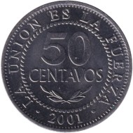 Монета 50 сентаво. 2001 год, Боливия. Монета 50 сентаво. 2001 год, Боливия.