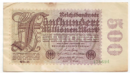 Рейхсбанкнота 500 миллионов марок. 1923 год, Веймарская республика.