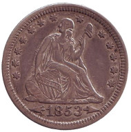 Монета 25 центов. 1853 год, США. (Стрелки около даты) Монета 25 центов. 1853 год, США. (Стрелки около даты)