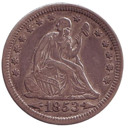 Монета 25 центов. 1853 год, США. (Стрелки около даты)