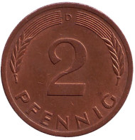 Монета 2 пфеннига. 1973 год (D), ФРГ. Дубовые листья. Монета 2 пфеннига. 1973 год (D), ФРГ. Дубовые листья.