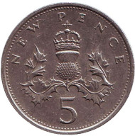 Монета 5 новых пенсов. 1980 год, Великобритания.