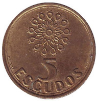 Монета 5 эскудо. 1993 год, Португалия. Монета 5 эскудо. 1993 год, Португалия.