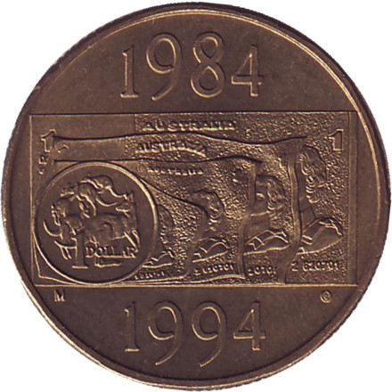 Монета 1 доллар. 1994 год, Австралия. 10 лет выпуску монет 1 доллар.