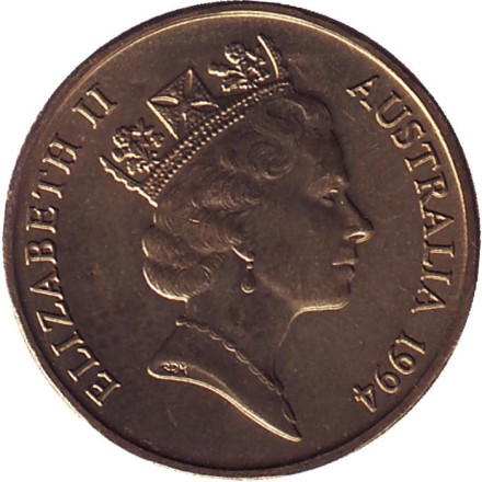 Монета 1 доллар. 1994 год, Австралия. 10 лет выпуску монет 1 доллар. Монета 1 доллар. 1994 год, Австралия. 10 лет выпуску монет 1 доллар.