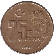 Монета 25000 лир. 1999 год, Турция. Монета 25000 лир. 1999 год, Турция.