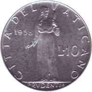 Монета 10 лир. 1958 год, Ватикан. Папа Пий XII. Богиня мудрости. Монета 10 лир. 1958 год, Ватикан. Папа Пий XII. Богиня мудрости.