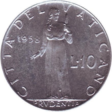 Монета 10 лир. 1958 год, Ватикан. Папа Пий XII. Богиня мудрости.