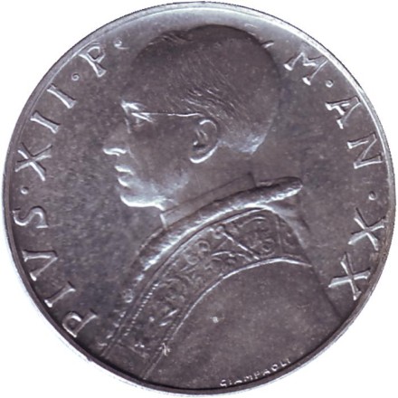 Монета 10 лир. 1958 год, Ватикан. Папа Пий XII. Богиня мудрости. Монета 10 лир. 1958 год, Ватикан. Папа Пий XII. Богиня мудрости.