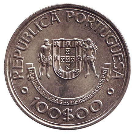 Монета 100 эскудо. 1989 год, Португалия. Открытие Канарских островов.
