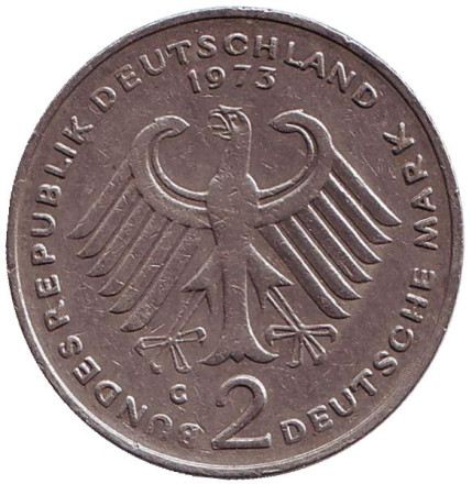 Монета 2 марки. 1973 год (G), ФРГ. Теодор Хойс. Монета 2 марки. 1973 год (G), ФРГ. Теодор Хойс.