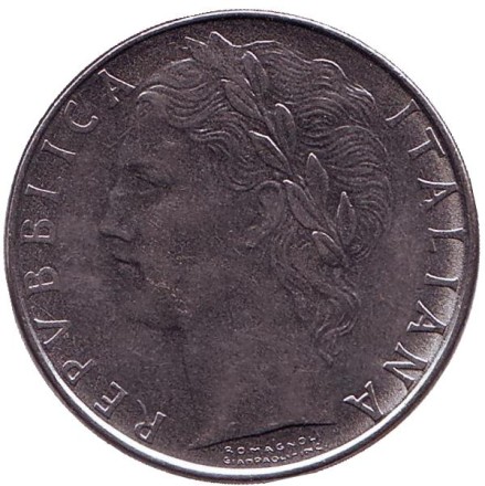 Монета 100 лир. 1986 год, Италия. Богиня мудрости Минерва рядом с оливковым деревом.