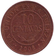 Монета 10 сентаво. 2008 год, Боливия. Монета 10 сентаво. 2008 год, Боливия.
