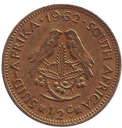 Монета 1/2 цента. 1962 год, ЮАР. Воробьи.