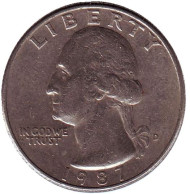 Монета 25 центов. 1987 (D) год, США. Вашингтон. Монета 25 центов. 1987 (D) год, США. Вашингтон.
