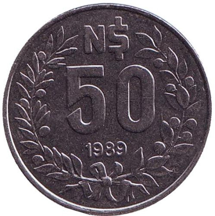 Монета 50 новых песо. 1989 год, Уругвай.