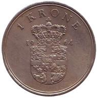 Монета 1 крона. 1964 год, Дания. Монета 1 крона. 1964 год, Дания.