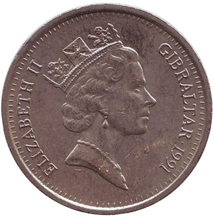 Монета 10 пенсов. 1991 год, Гибралтар. Мавританский замок. (AA). Монета 10 пенсов. 1991 год, Гибралтар. Мавританский замок. (AA).