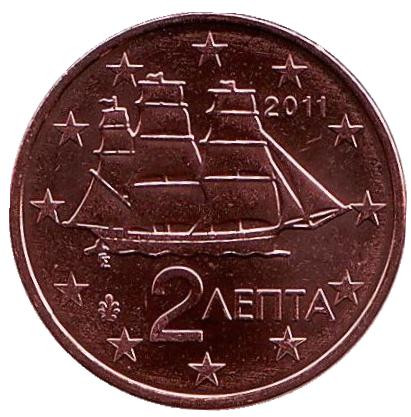 Монета 2 цента. 2011 год, Греция.