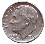Монета 10 центов. 1953 год, США. Без обозначения монетного двора. Рузвельт. Монета 10 центов. 1953 год, США. Без обозначения монетного двора. Рузвельт.