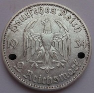 Монета 2 рейхсмарки. 1934 год, Германия (Третий Рейх). (D). Монета 2 рейхсмарки. 1934 год, Германия (Третий Рейх). (D).