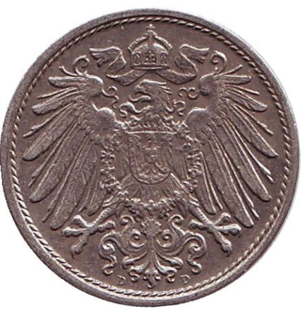 Монета 10 пфеннигов. 1913 год (D), Германская империя. Монета 10 пфеннигов. 1913 год (D), Германская империя.