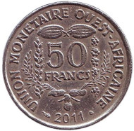Монета 50 франков. 2011 год, Западные Африканские штаты. Монета 50 франков. 2011 год, Западные Африканские штаты.