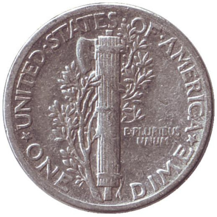 Монета 10 центов. 1944 год, США. Без обозначения монетного двора. Меркурий.