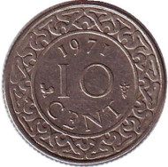 Монета 10 центов. 1971 год, Суринам. Монета 10 центов. 1971 год, Суринам.