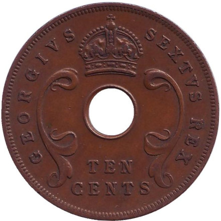 Монета 10 центов. 1952 год, Восточная Африка. (Без отметки монетного двора)