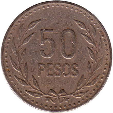 Монета 50 песо. 1993 год, Колумбия.