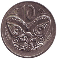 Монета 10 центов. 1985 год, Новая Зеландия. Маска маори. Монета 10 центов. 1985 год, Новая Зеландия. Маска маори.