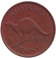 Монета 1 пенни. 1958 год, Австралия. (Точка после "PENNY") Кенгуру.