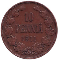 Монета 10 пенни. 1911 год, Финляндия в составе Российской Империи. Монета 10 пенни. 1911 год, Финляндия в составе Российской Империи.