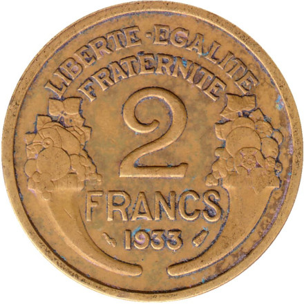 Монета 2 франка. 1933 год, Франция. Тип 2.