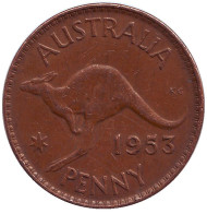 Монета 1 пенни. 1953 год, Австралия. (Без точки после "AUSTRALIA") Кенгуру. Монета 1 пенни. 1953 год, Австралия. (Без точки после "AUSTRALIA") Кенгуру.
