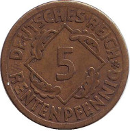 Монета 5 рентенпфеннигов. 1924 (А) год, Веймарская республика. Монета 5 рентенпфеннигов. 1924 (А) год, Веймарская республика.