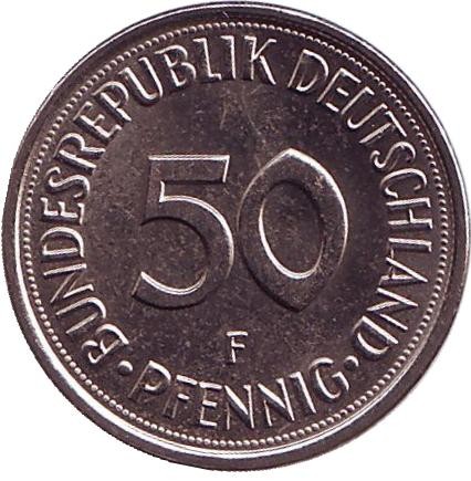 Монета 50 пфеннигов. 1979 год (F), ФРГ. Женщина, сажающая дуб. Монета 50 пфеннигов. 1979 год (F), ФРГ. Женщина, сажающая дуб.