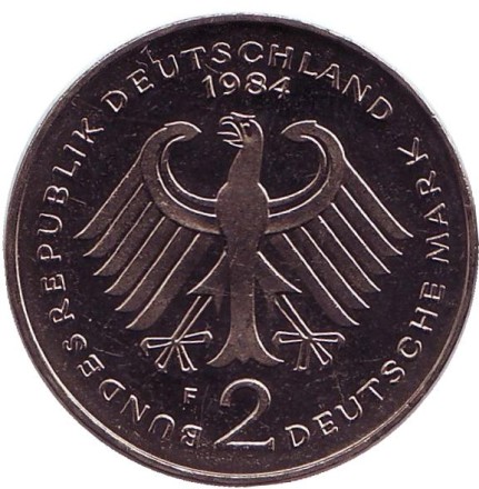 Монета 2 марки. 1984 год (F), ФРГ. Конрад Аденауэр.